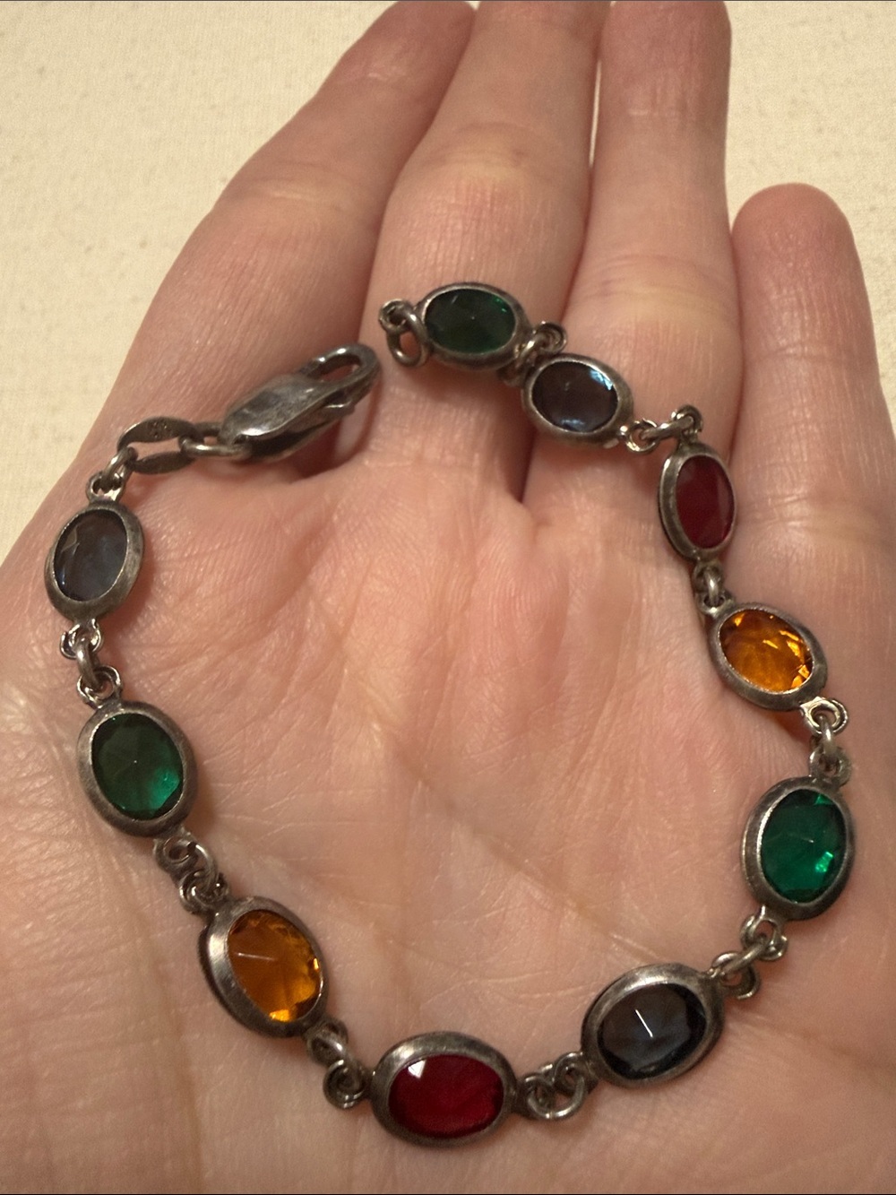 Sterling Silver 925 Multicolor Gemstone Oval Link Bracelet 7’